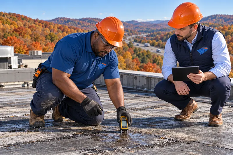 Roofer in a logo uniform using a moisture meter on a commercial roof while a manager takes notes