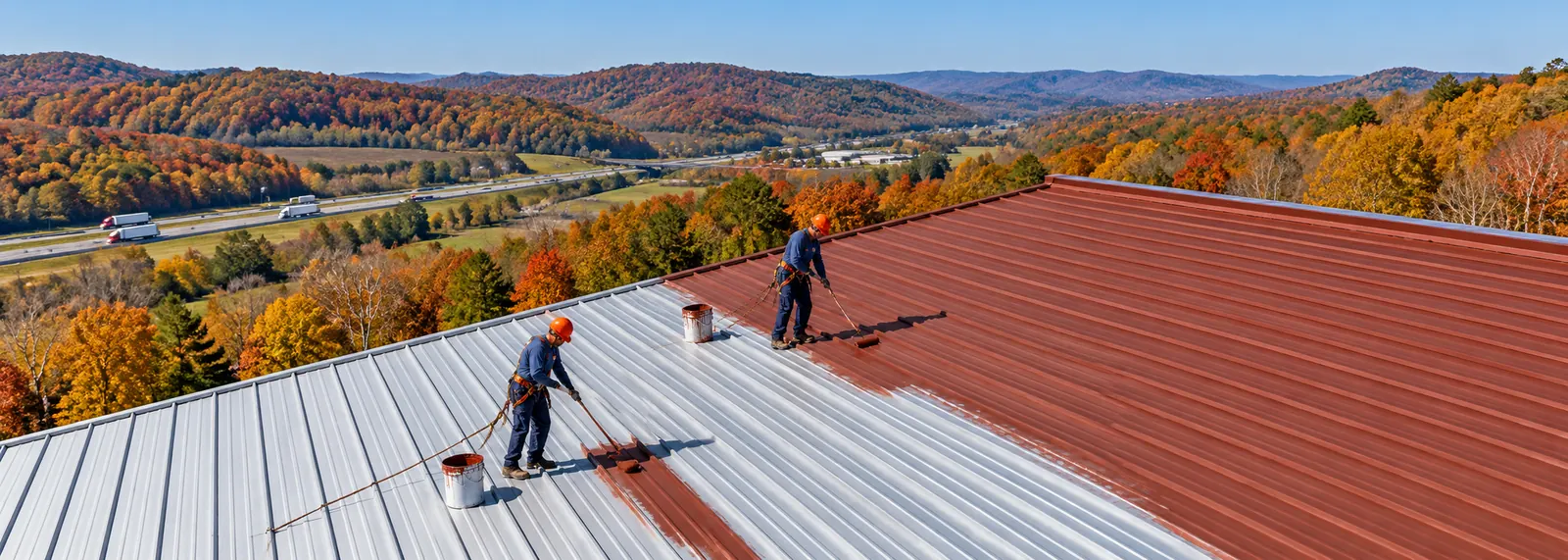 Crew in logo uniforms rolling primer across a rusted metal roof in Elizabethtown, KY