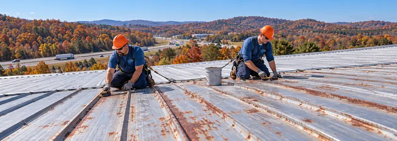 Crew in logo uniforms wire-brushing rust along metal roof panels
