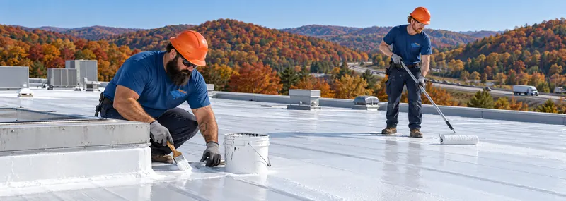 Roofers rolling bright white acrylic coating over a commercial roof